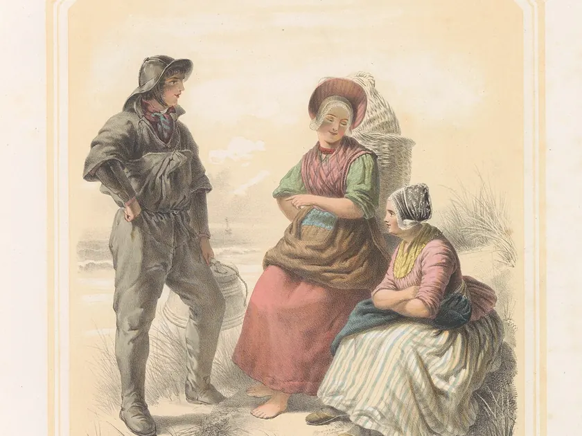Klederdracht van Zandvoort in Noord-Holland, 1857 Zandvoort. Provincie Noord-Holland III (titel op object), BI-B-FM-137-3