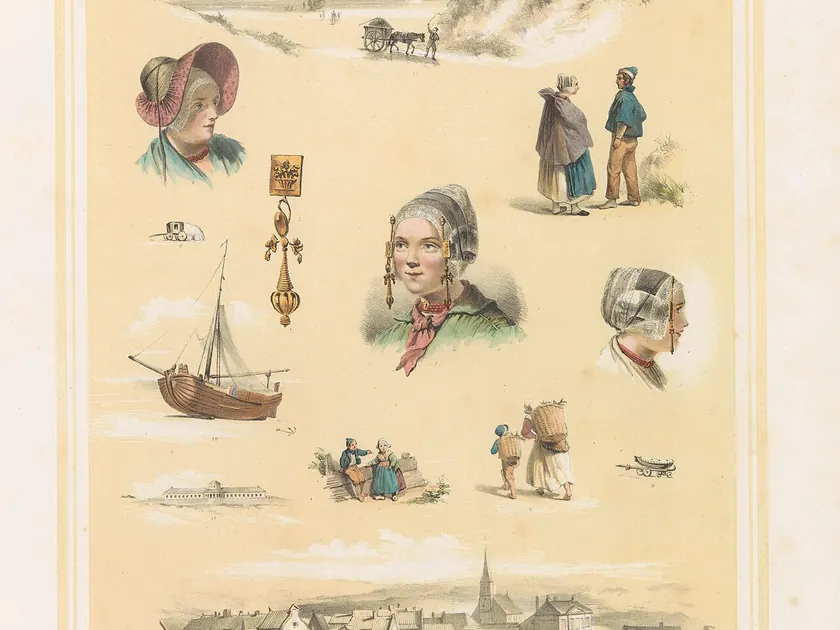 Klederdracht van Zandvoort in Noord-Holland, 1857 Zandvoort. Provincie Noord-Holland IV (titel op object), BI-B-FM-137-4